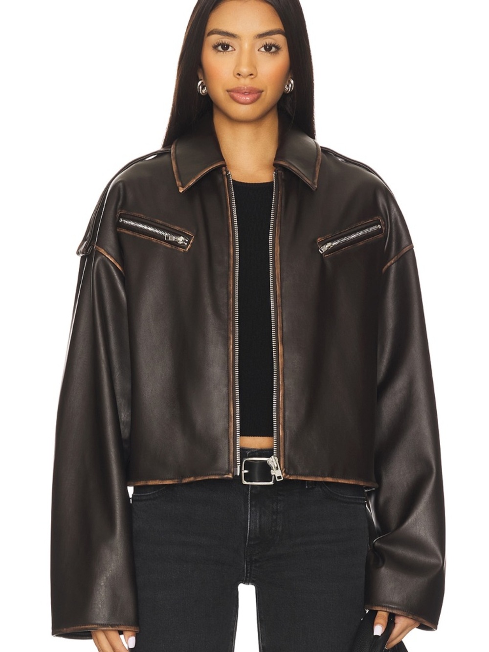 Lovers + Friends. Dark Brown Vegan Leather Cropped Zip Jacket. 2 Pockets.